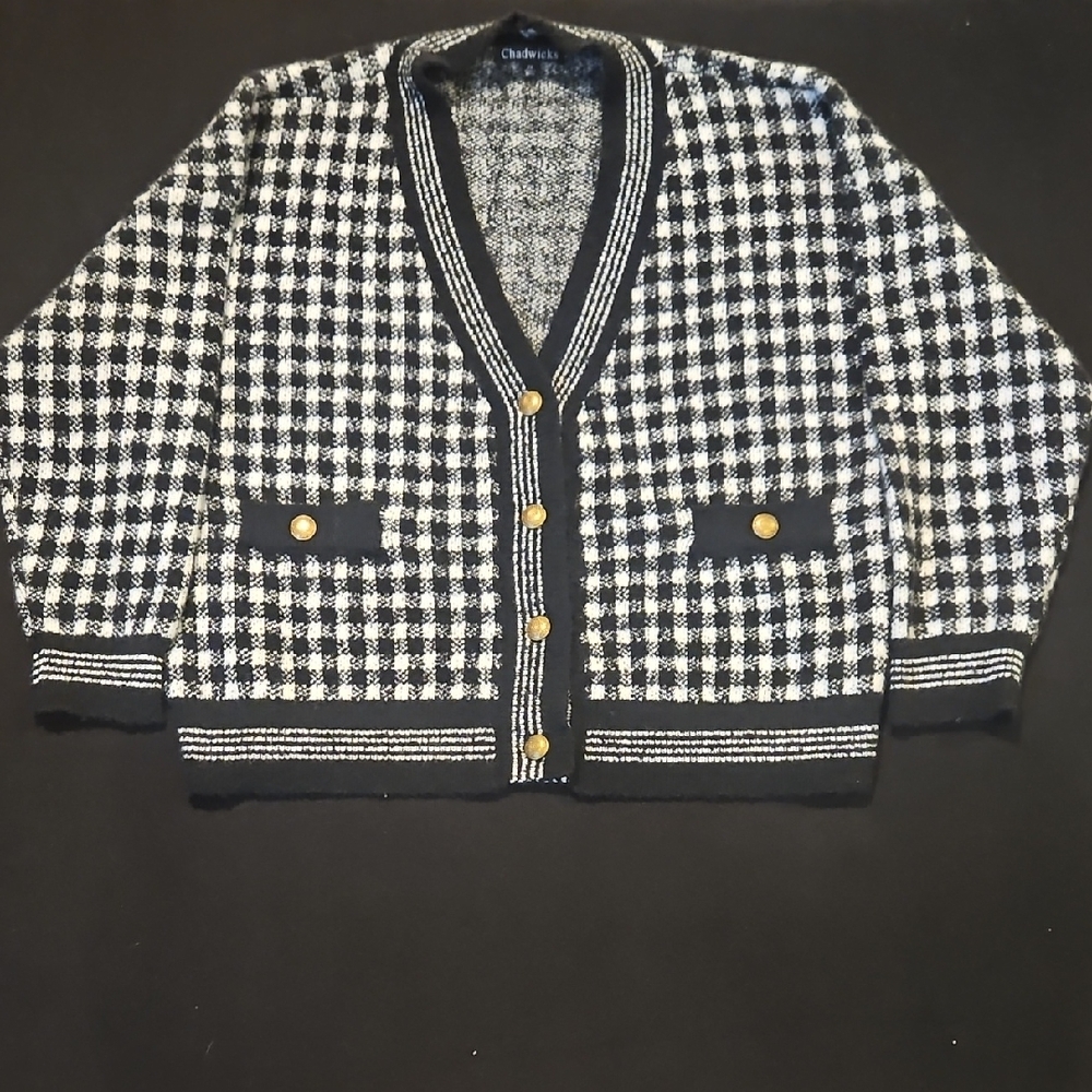 Chadwicks Bouclé‎ Check Black and White Cardigan Womens Size 2x